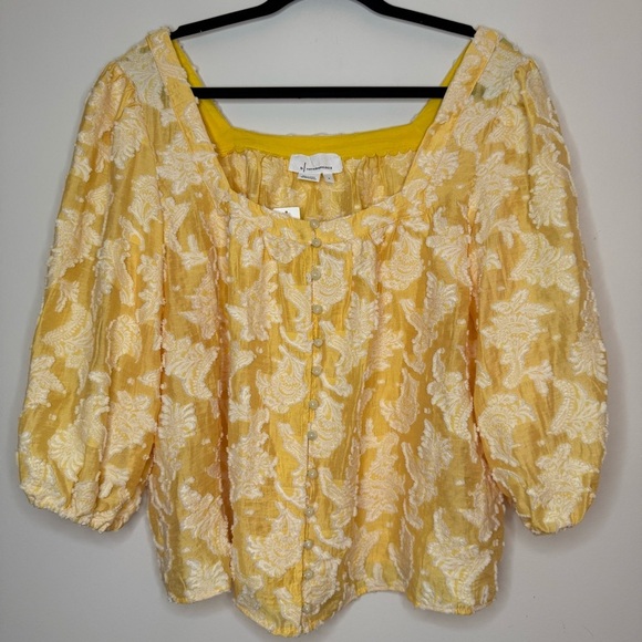 NWT ANTHROPOLOGIE Yvonne Textured Yellow Boho Buttondown Puff Sleeve Blouse Top - Picture 3 of 10